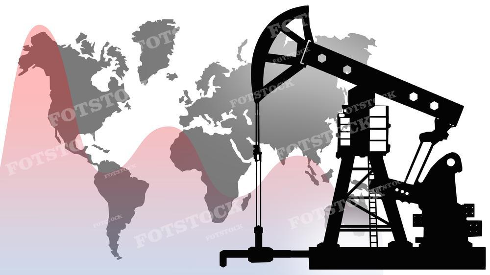 На фотографии изображена нефтяная насосно-компрессорная установка на фоне карты мира, выполненной в мягких оттенках розового и серого цветов. Силуэт нефтяной деррика выделяется на фоне, подчеркивая глобальное значение нефтедобычи для мировой экономики и политики. Картинка может быть использована для обозначения важности энергетического сектора, международной торговли энергоресурсами и их влияния на мировую экономику.
